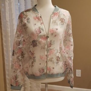 Anthropologie Sheer Floral Zip Bomber Jacket in Soft Pink and Sage